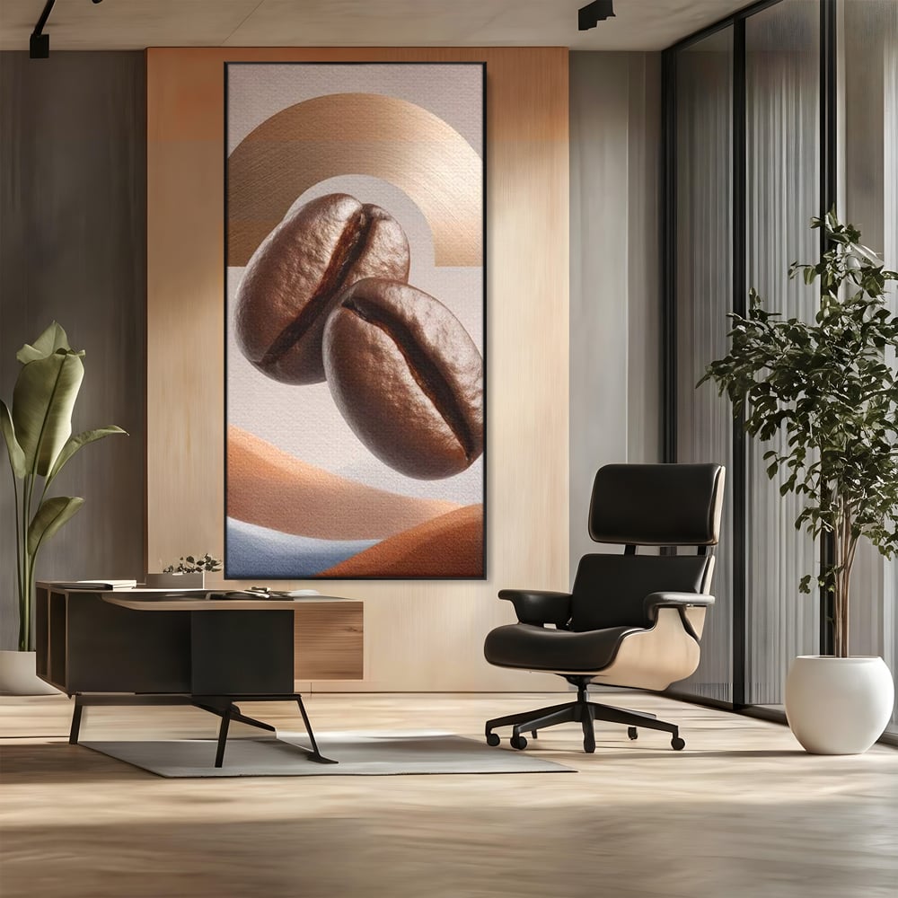 Tablou canvas cu tablou canvas cu boabe de cafea, in rama de aluminiu negru, pe perete intr-un birou